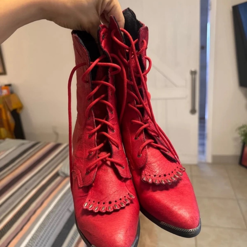 Red Lace-Up Women's Fringe Detail Boots